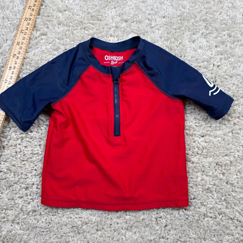 OshKosh B'gosh Boys Rash‎ Guard Swim Shirt Red Navy Shark 12M